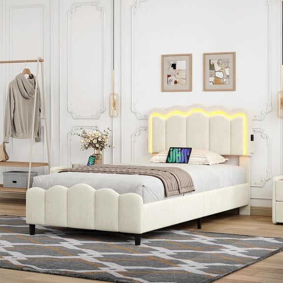 Twin Upholstered Bed Frame with Adjustable Chic Double Wavy Headboard, Velvet Platform Bed Frame with Charging Station, LED Bed Frame with Wooden Slats,No Box Spring Needed,Beige