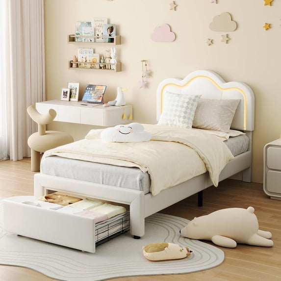 Twin Upholstered Bed Frame with Adjustable Headboard & Smart LED, Velvet Princess Platform Bed Frame, Wooden Slats Support, No Box Spring Needed, Easy Assembly