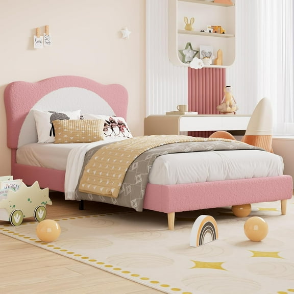 Twin Upholstered Bed Frame, Cute Velvet Princess Platform Bed with Panda-Shaped Headboard, Solid Wood Slats Support, No Box Spring Needed,Pink+White
