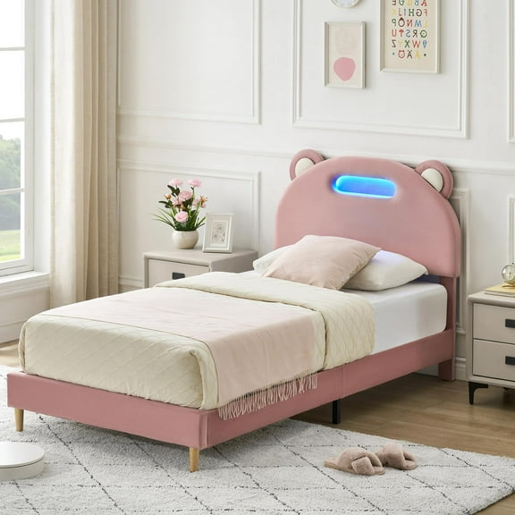 Twin Upholstered Bed Frame with Headboard, Platform Bed Frame with LED Lights, Noise-Free, Sturdy Wooden Slats Support, No Box Spring Needed, Easy Assembly, Light Pink