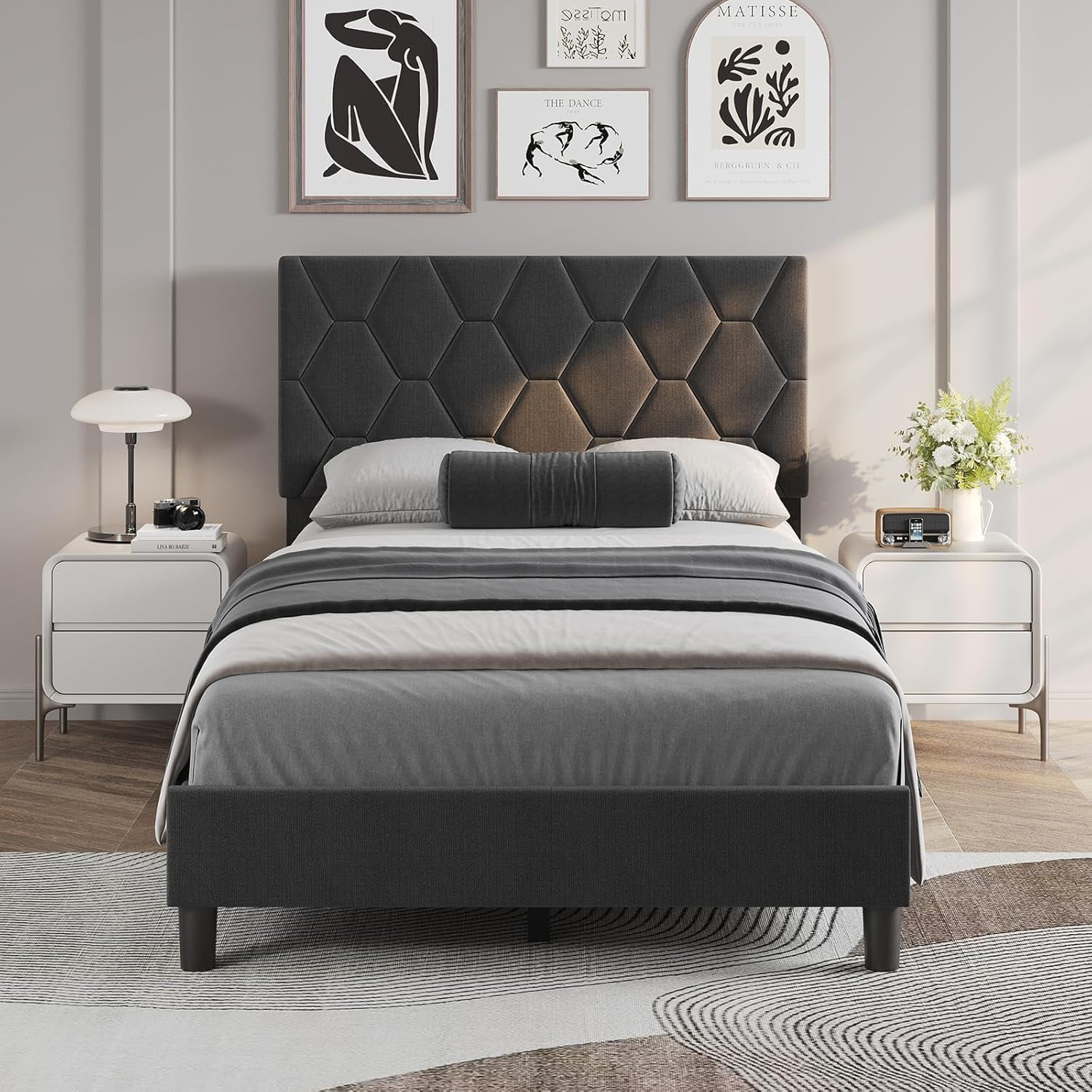 Twin Upholstered Bed Frame with Headboard, Diamond Pattern, Wood Slats, No Box Spring Needed, Easy Assembly,Gray