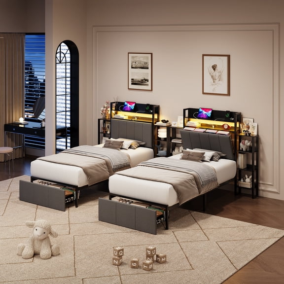 Twin Upholstered Bed Frame with Hidden Headboard Storage with Top Shelf, LED Lights, Charging Station, Side Shelves, Pull-Out Footboard Storage