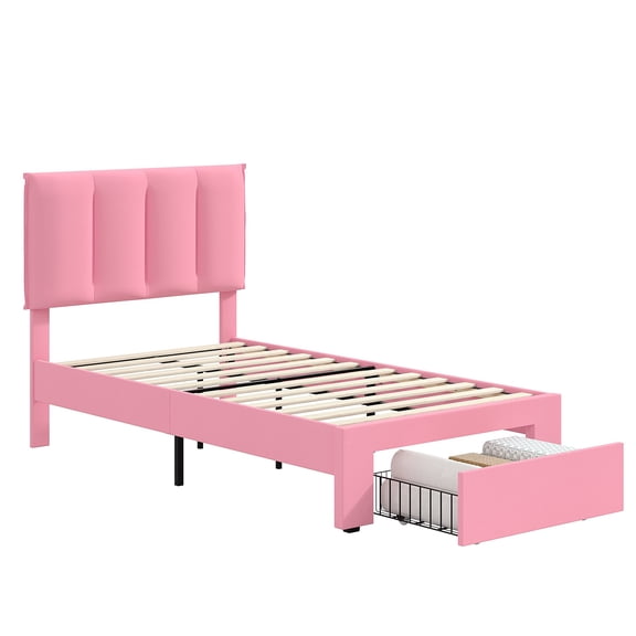 Twin Upholstered Bed Frame with One Storage Drawers, Adjustable Velvet Headboard, No Box Spring Needed, Metal Platform