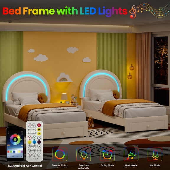 Twin Upholstered Bed Frame with Rainbow LED Headboard – Princess Platform Storage Drawer, Beige, Wood Slats, No Box Spring, Easy Assembly Twin