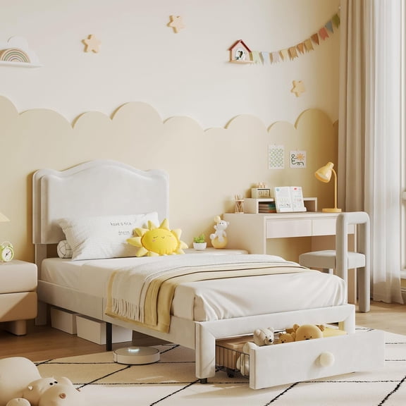 Twin Upholstered Bed Frame with Storage Drawer, Scallop Headboard, No Box Spring Needed, Beige