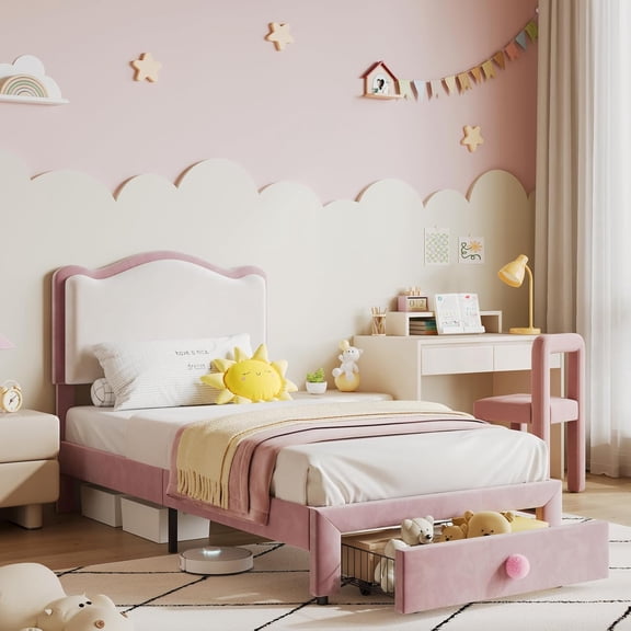 Twin Upholstered Bed Frame with Storage Drawer, Scallop Headboard, Wooden Slats, Pink