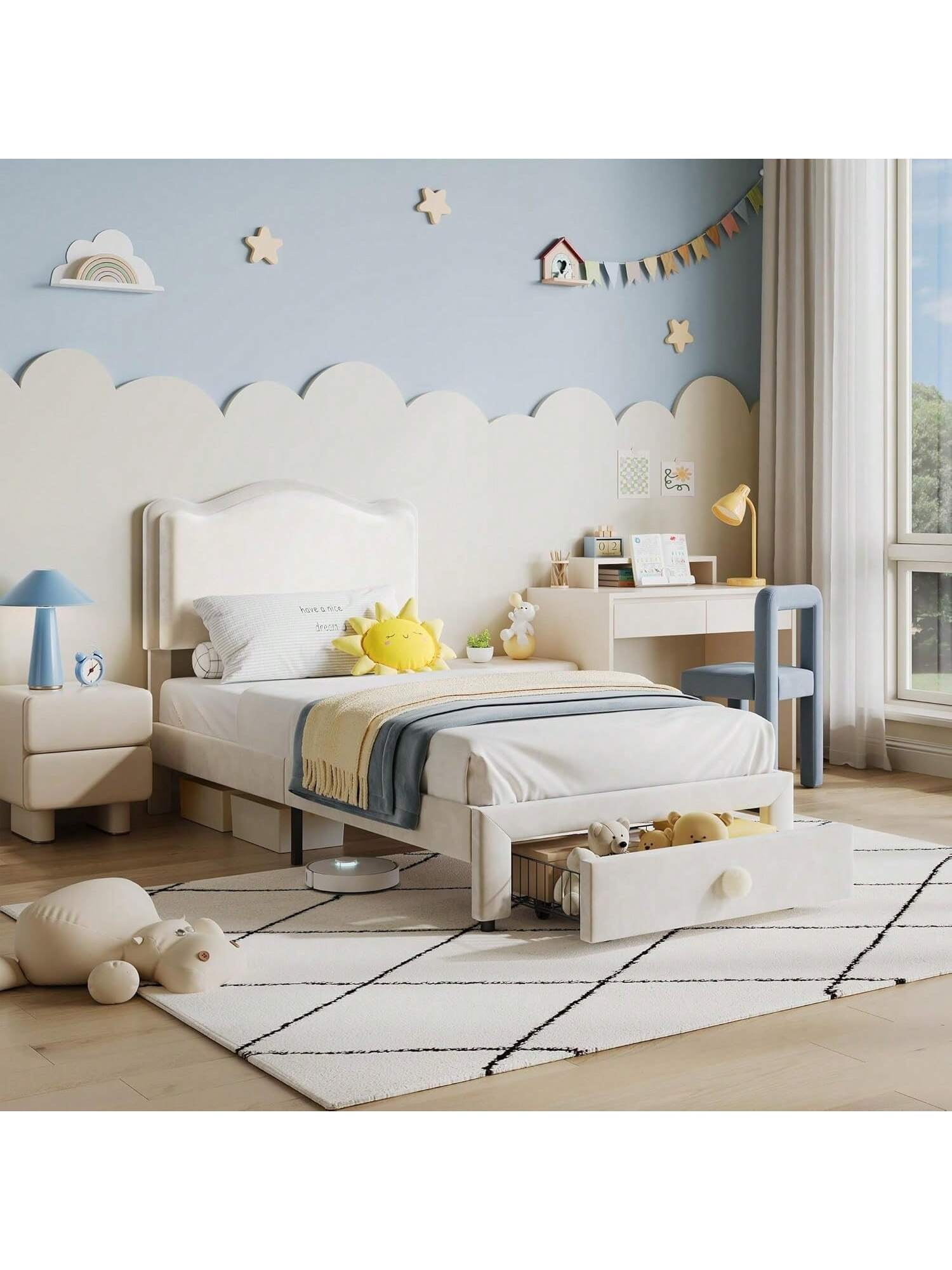 Twin Upholstered Bed Frame with Storage Drawer, Velvet Headboard, Princess Platform Bed, No Box Spring, White