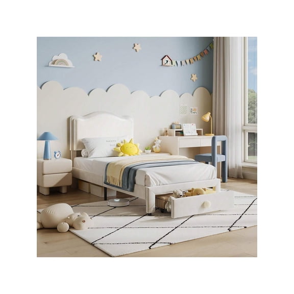 Twin Upholstered Bed Frame with Storage Drawer, Velvet Headboard, Princess Platform Bed, No Box Spring, White