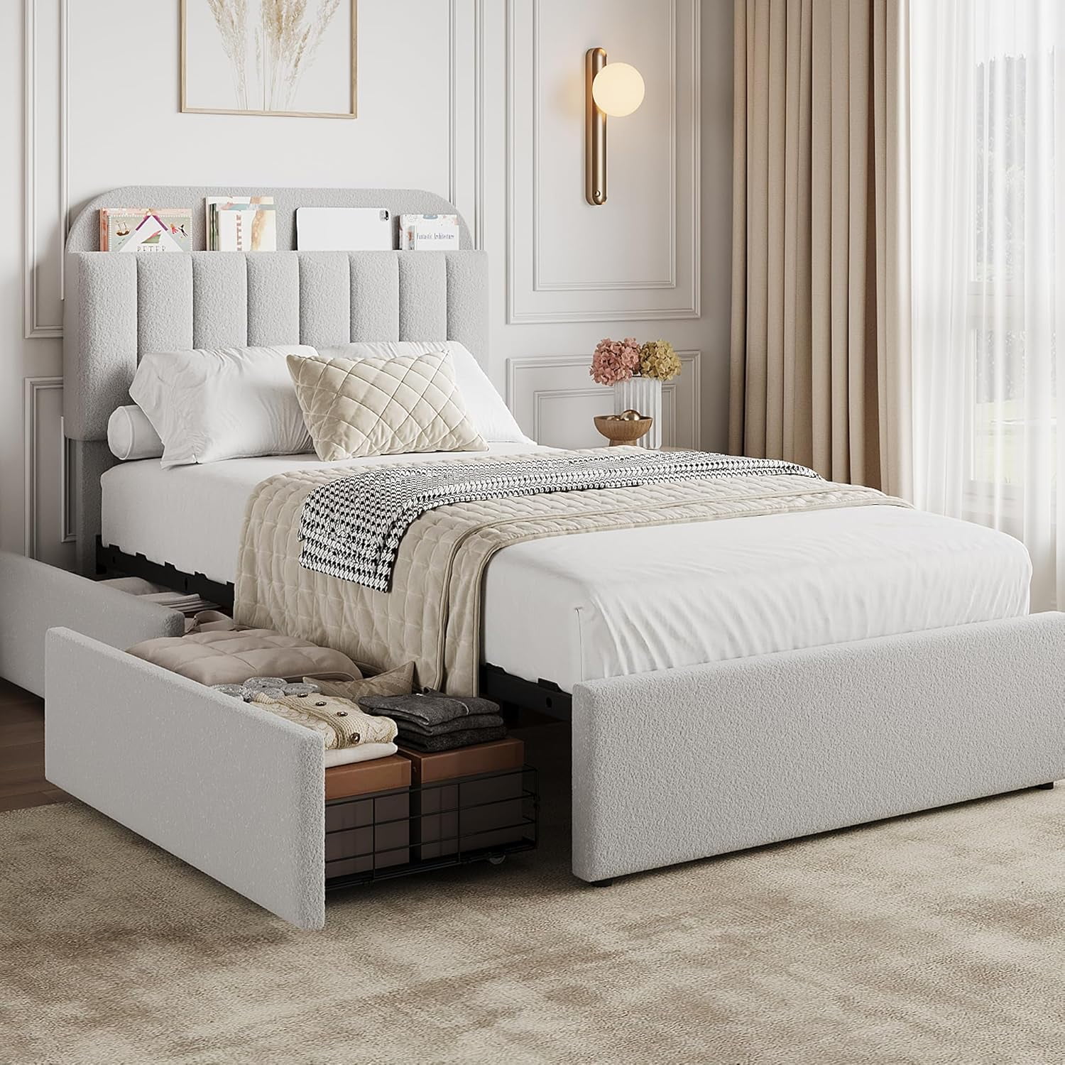 Twin Upholstered Bed Frame with Storage Headboard & 2 Drawers, Bookcase, Wood Slats, No Box Spring Needed. Grey