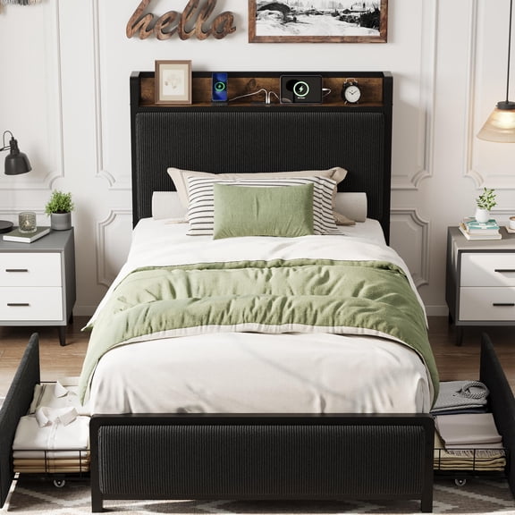 Twin Upholstered Bed Frame with Storage Headboard and 2 Drawers – Built-in Charging Station, Noise Free – Black or White