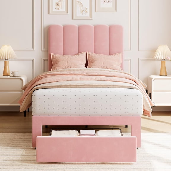 Twin Upholstered Bed Frame with Wave Headboard, Velvet Pink, Under-Bed Drawer, No Box Spring Needed