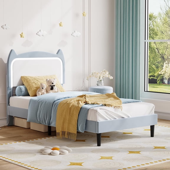 Twin Upholstered Bed Frame withCute Cat Headboard, Velvet Princess Platform Bed Frame with Sturdy Wood Slats Support for Boy&Girl , No Box Spring Needed, Blue