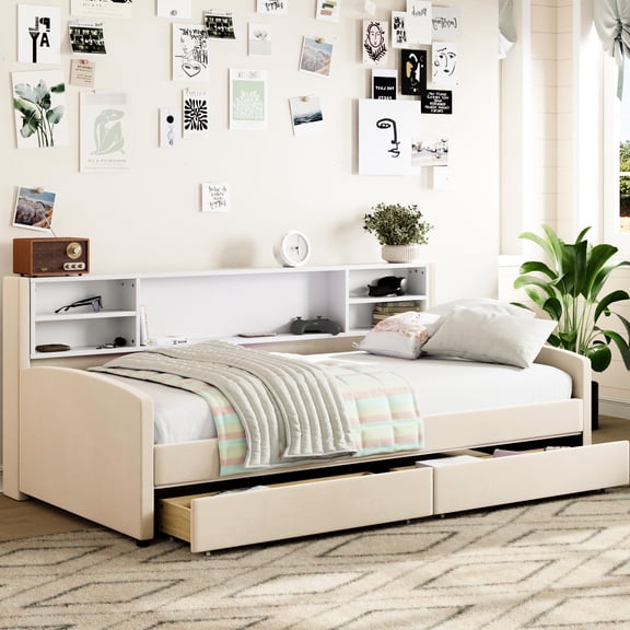 Twin Upholstered Bed With Storage In Beige - Soft Velvet, Headboard, Spacious Drawers For Bedding And Clothing Organization, Size Velvet Upholstery , Functional