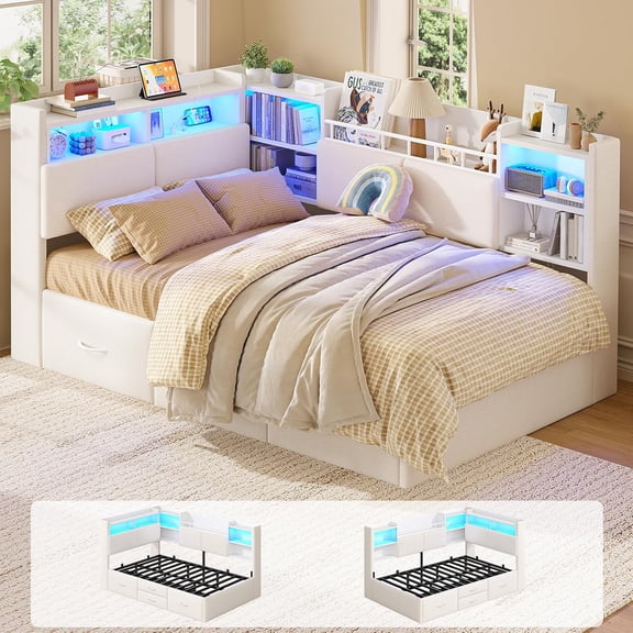 Twin Upholstered Corner Daybed Frame with Bookcase Headboard, LED Lights, USB Charging Station, 4 Storage Drawers, Beige, No Box Spring Required