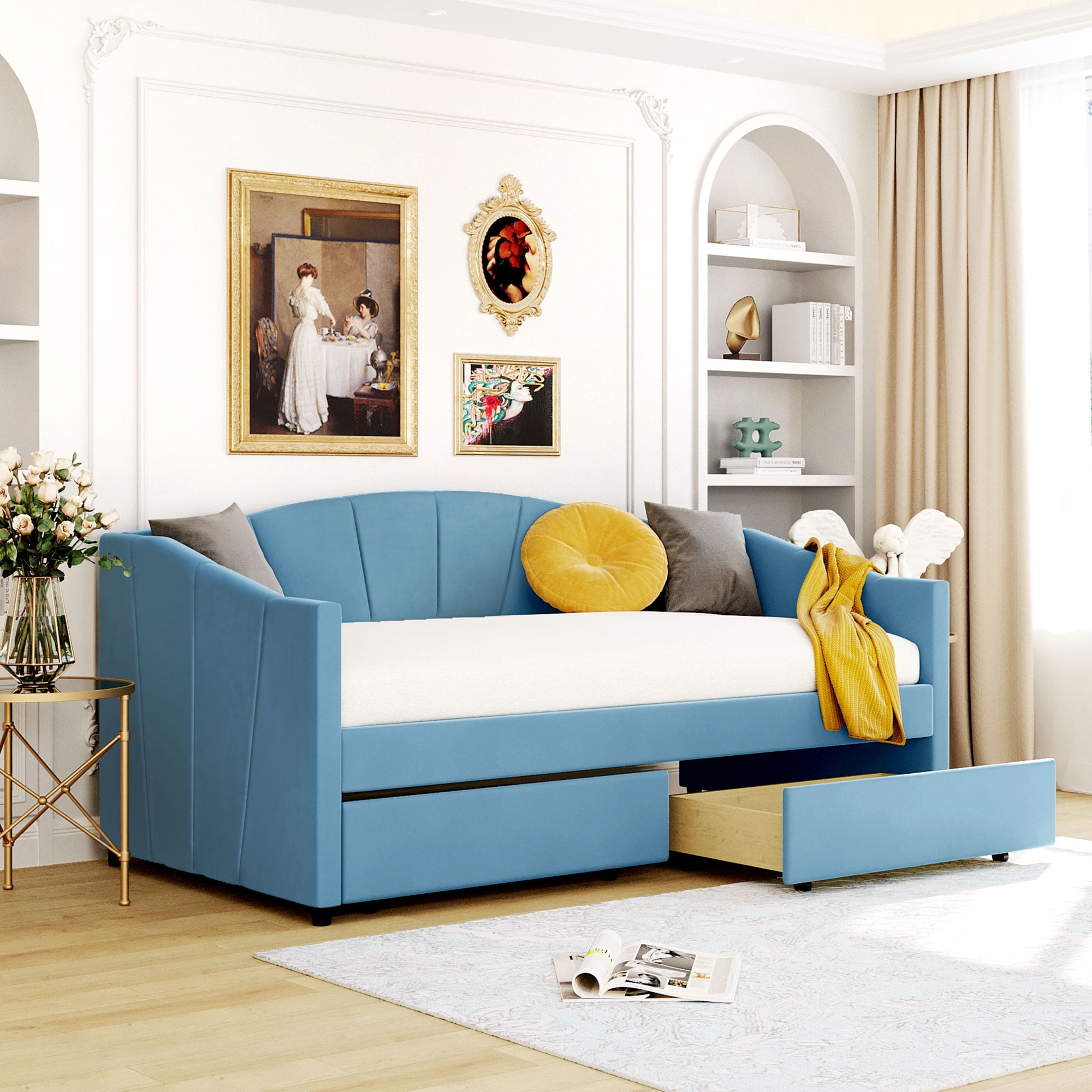 Twin Upholstered Daybed With 2 Storage Drawers Velvet Sofa Bed Solid Wood Frame Modern Leisure Soft Backrest And Armrest For Living Room Bedroom No Box Spring Needed Blue