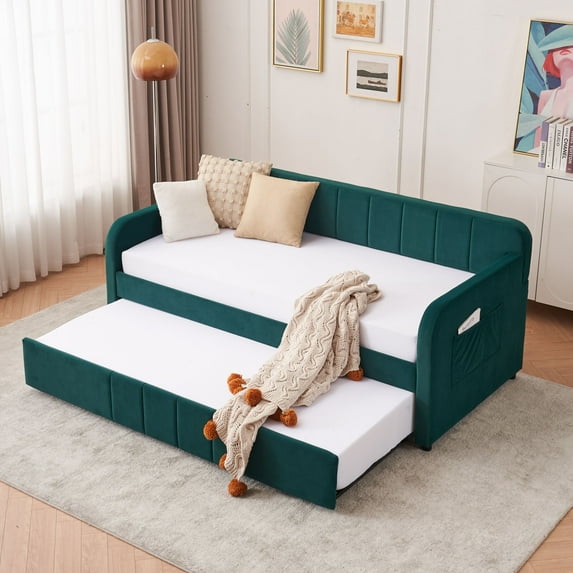 Twin Upholstered Daybed Frame with Trundle & Armrest, Twin Size Sofa Bed for Bedroom Living Room Guest Room, Wood Slat Support, Emerald