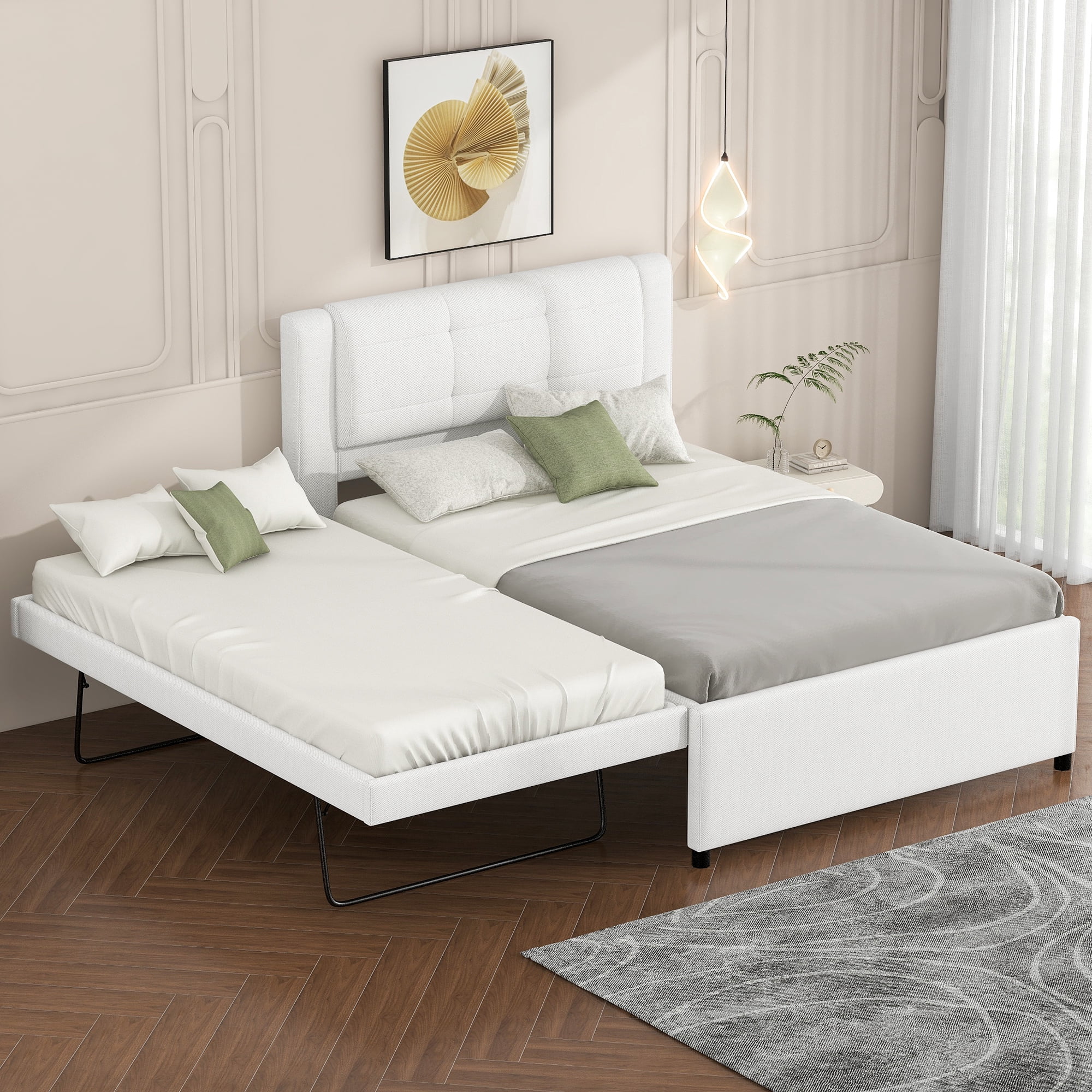 Euroco Upholstered Full Platform Bed with Pop-up Twin Trundle for Kids Teens Bedroom, 2 Beds in One, Beige