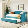 thumbnail image 1 of Twin Upholstered Daybed, Modern Tufted Daybed Sofa Bed With Trundle Bed and Wood Slat Support, Twin Bed Platform Frame for Living Room Bedroom, No Box Spring Needed, Blue, 1 of 7
