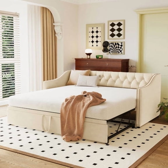 Twin Upholstered Daybed with Pop-Up Trundle, Convertible Twin to King Guest Bed, Velvet Day Bed Frame with Tufted Backrest and Armrests, No Box Spring Required, Beige