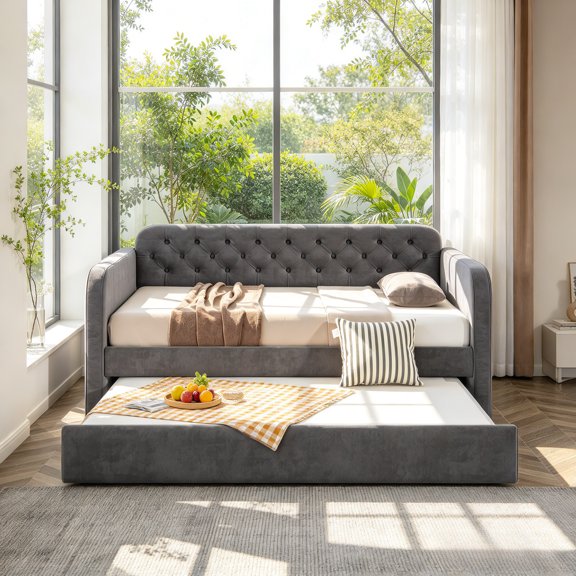 Twin Upholstered Daybed with Trundle & USB Charging, Velvet Tufted Sofa Bed Frame with Wingback Arms, Space-Saving Design, for Living Room Bedroom Guest Room, Dark Grey, 81.7" x 41.7" x 34.4"