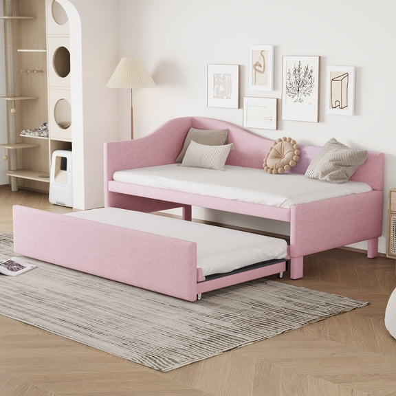 Twin Upholstered Daybed with Pop-Up Trundle, L-Shaped Linen Fabric Backrest, Convertible to King Size, No Box Spring Needed, Pink