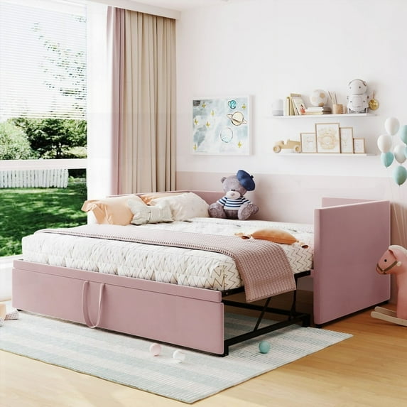 Twin Size Upholstered Platform Bed with Pop Up Trundle, No Box Spring, Pink, for Bedroom