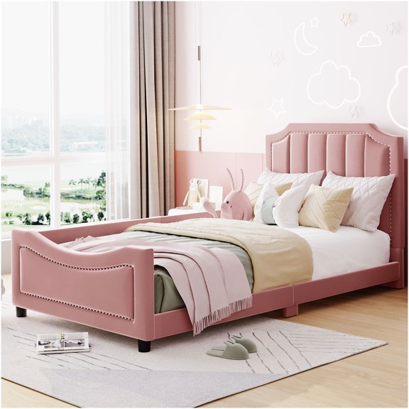 Twin Upholstered Daybed with Striped Headboard, Modern Low Profile Sleigh Design Bed Frame for Bedroom or Guest Room, Pink Velvet