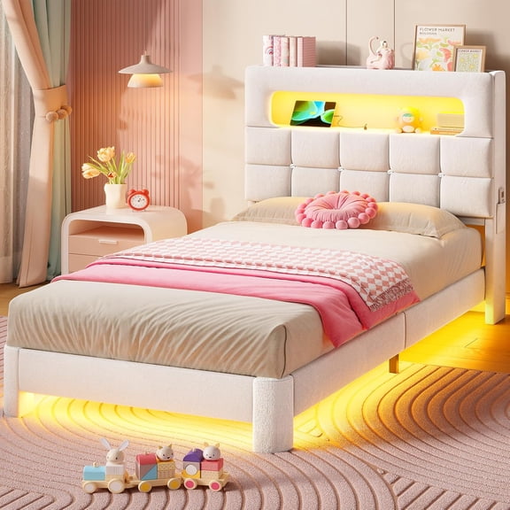 Twin Upholstered LED Bed Frame with 2-Tier Storage Headboard & Charging Station, Velvet Princess Platform Bed with Crystal Buttons, Bedroom Furniture White