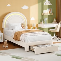 Twin Upholstered LED Bed Frame, with Storage Drawer, Berber Fleece Princess Platform Bed, Solid Wood Slats Support, No Box Spring Needed, Easy Assembly, White