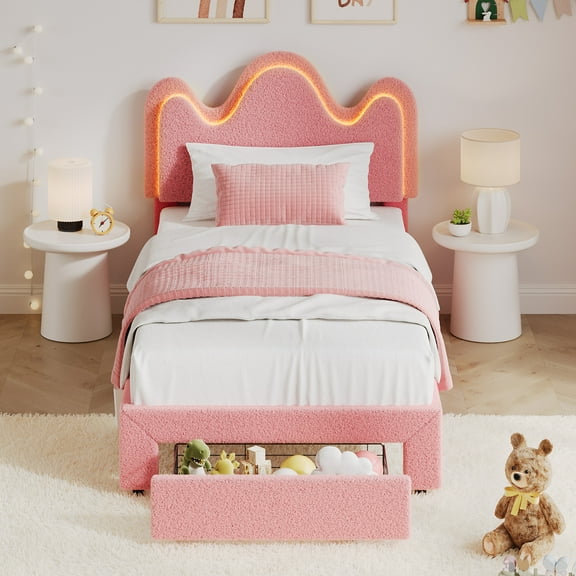 Twin Upholstered LED Bed Frame with Storage Drawer, Cute Girls Bed with Adjustable Wave Headboard, Velvet Princess Platform Bed Frame, Wooden Slats Support, No Box Spring Needed, Pink