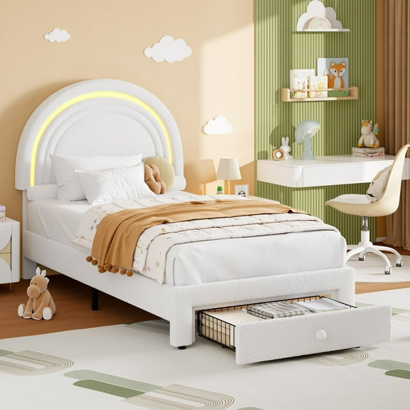 Twin Upholstered LED Bed Frame with Storage Drawer, Rainbow Headboard, Solid Wood Slats, No Box Spring, Easy Assembly, Multiple Colors
