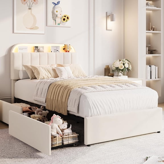 Twin Upholstered LED Bed Frame with 2 Storage Drawers, Velvet Princess Platform Bed, Heavy Duty Metal Support, No Box Spring Needed, Easy Assembly