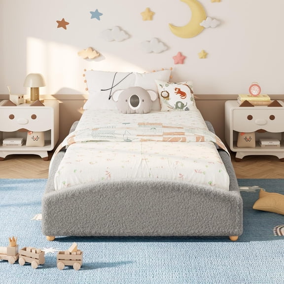 Twin Upholstered Low Profile Platform Bed with Anti-Slip Raised Sides,Gray