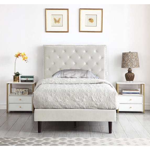 Twin Upholstered Platform Bed Frame with 48" Tall Adjustable Headboard - Button Tufted Suede Bed - Beige - Oliver & Smith - Princeton