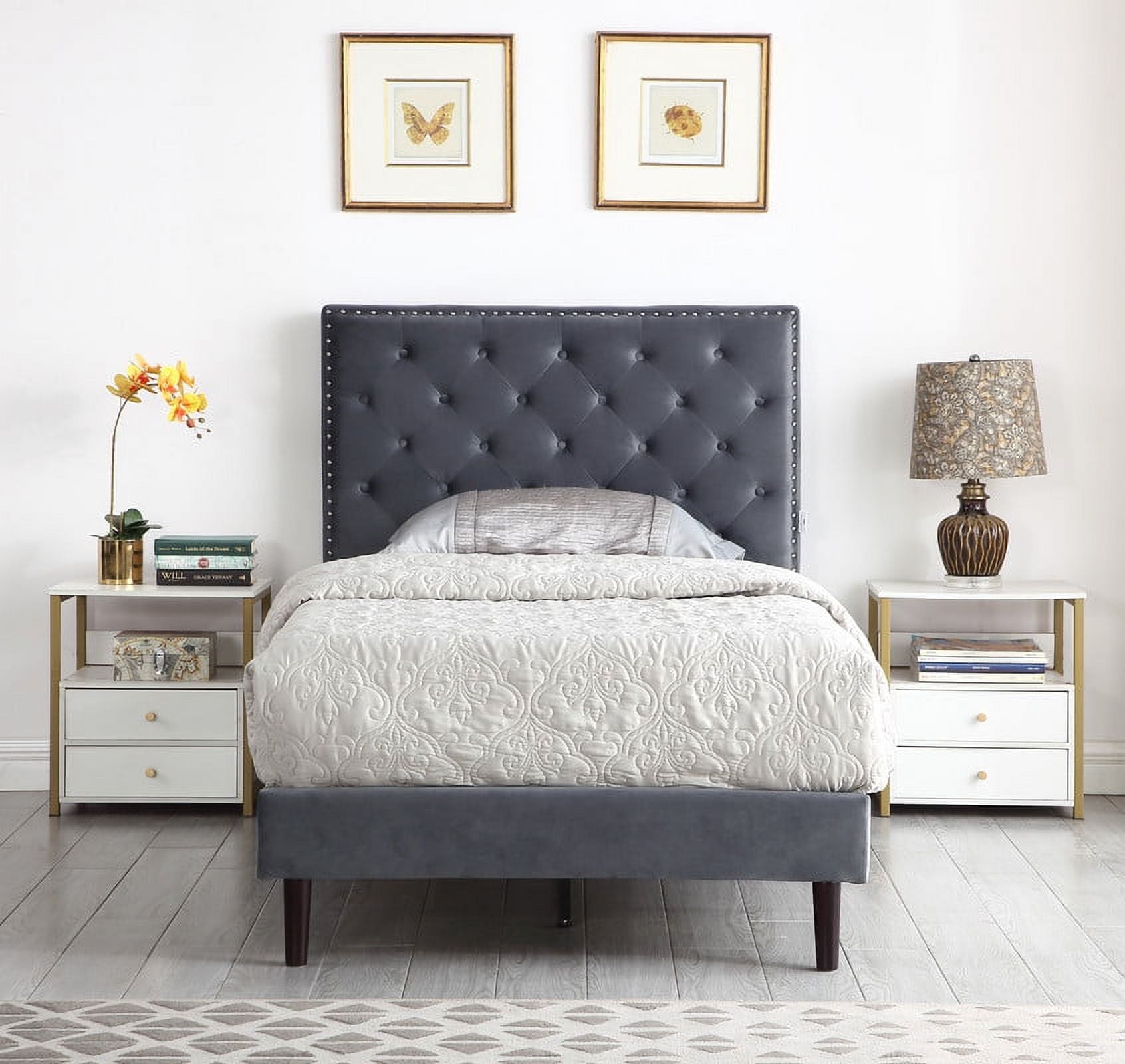 Twin Upholstered Platform Bed Frame with 48 Tall Adjustable Headboard Button Tufted Suede Bed Gray Oliver Smith Princeton