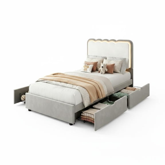 Twin Upholstered Platform Bed Frame with LED Lights and Storage Drawers, Velvet Double Wave Adjustable Headboard No Box Spring Needed for Bedroom