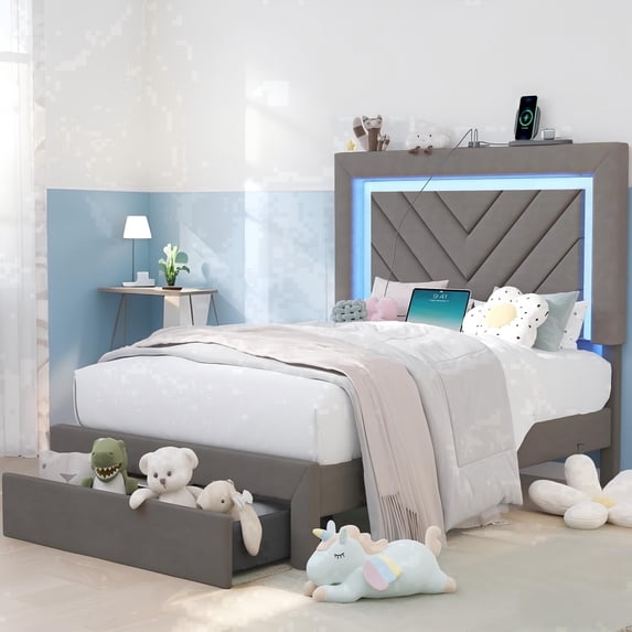 NHIXSOM Twin Upholstered Platform Bed Frame with LED Lights and Storage, Velvet Adjustable Headboard, Grey