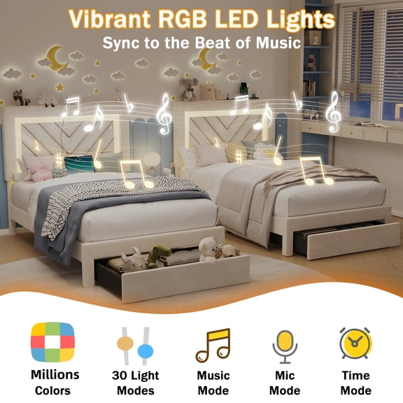 NHIXSOM Twin Upholstered Platform Bed Frame with LED Lights and Storage, Velvet Adjustable Headboard, Off White