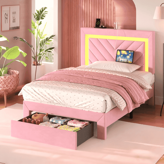 NHIXSOM Twin Upholstered Platform Bed Frame with LED Lights and Storage, Velvet Adjustable Headboard, Pink