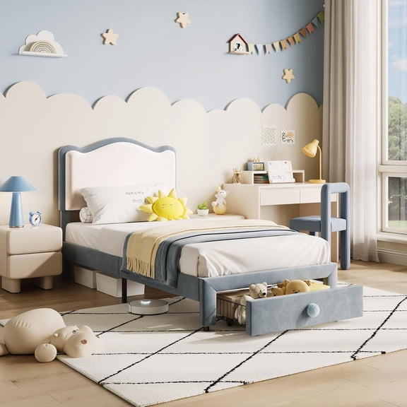 Twin Upholstered Platform Bed Frame with Scallop Headboard and Storage Drawer, No Box Spring Needed