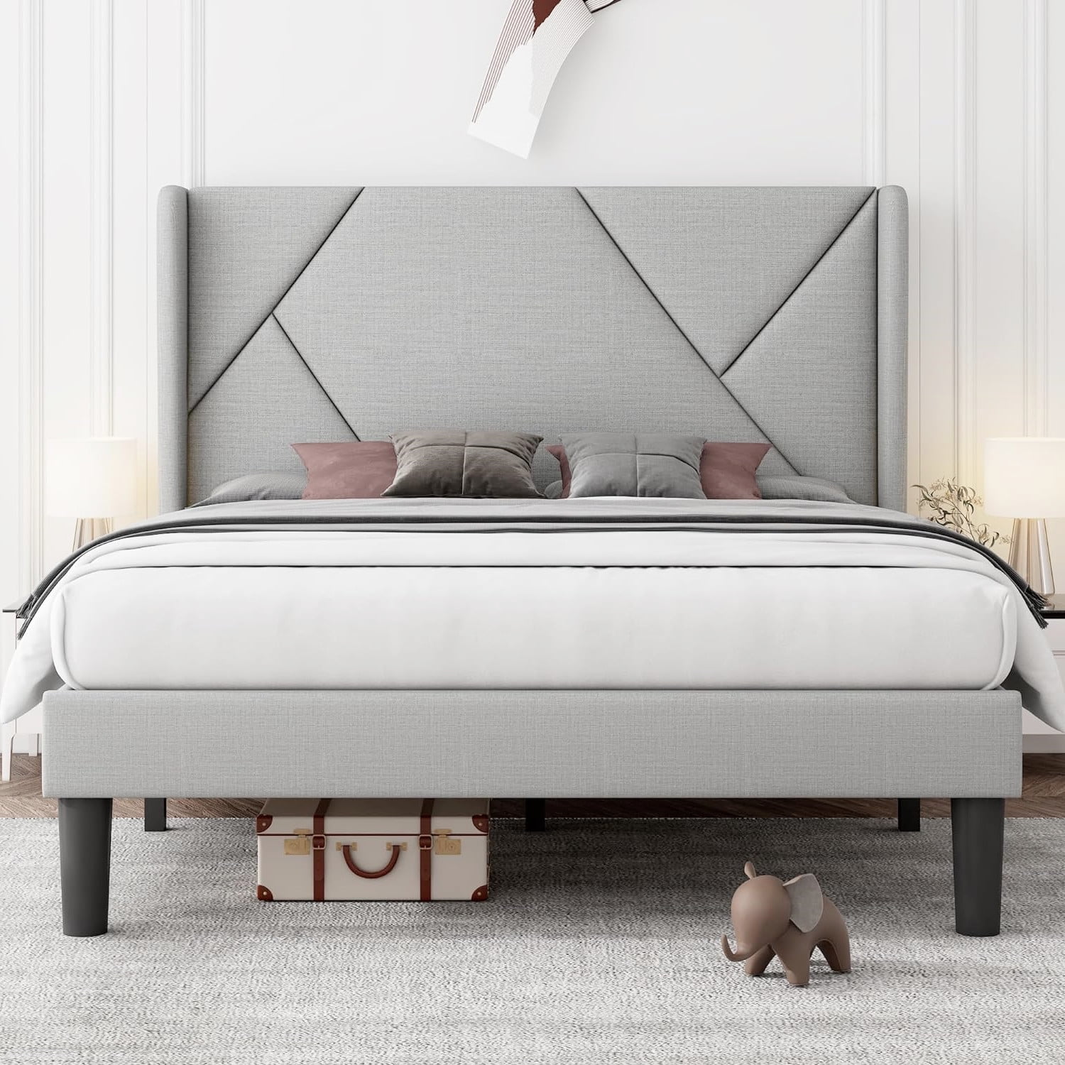 Twin Upholstered Platform Bed Frame with Wingback Headboard,Light Gray