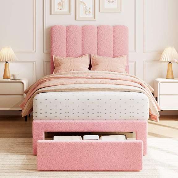 Twin Upholstered Platform Bed, Under-Bed Drawer, Wave Headboard, Boucle Pink, No Box Spring Needed