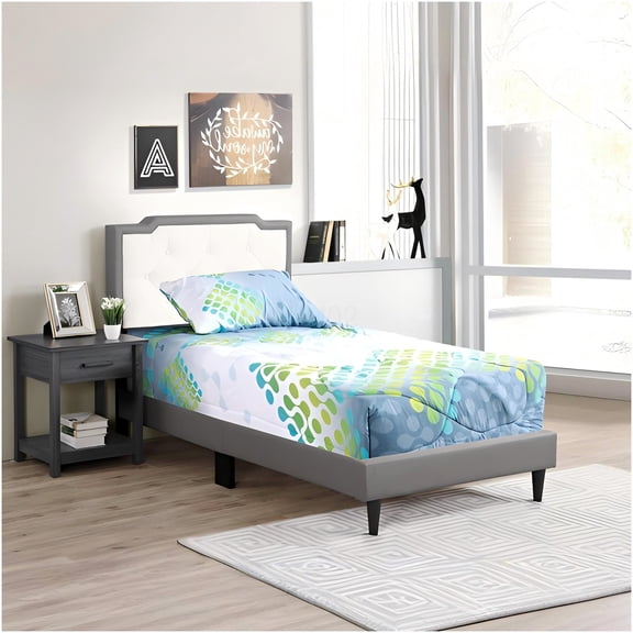 Twin Upholstered Platform Bed with Adjustable Headboard, Light Gray Fabric, Modern Small Space Bed Frame, No Box Spring Needed