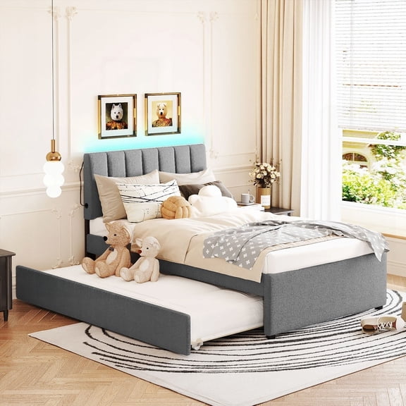 Twin Upholstered Platform Bed with Trundle in Gray - Teddy Fleece & Solid Particle Board Construction