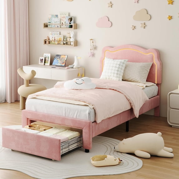 Twin Upholstered Smart LED Bed Frame with Adjustable Bear Headboard, Velvet Princess Platform, Pink