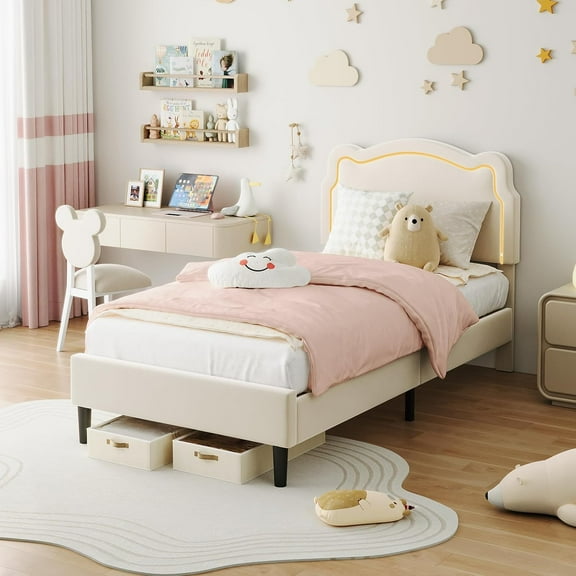 Twin Upholstered Smart LED Metal Bed Frame with Adjustable Headboard and Removable Light Strip, Velvet Princess Platform Metal Bed Frame, Wooden Slats Support