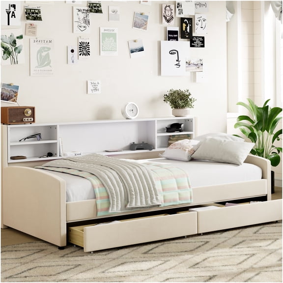 Twin Upholstered Storage Bed with Drawers and Cabinet, Beige Platform Bed Frame with Built-In Shelves