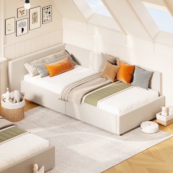 Twin Velvet Corner Daybed with Headboard and Guardrails, Wooden Slats, Sofa Bed for Guest Room