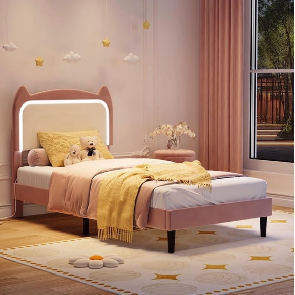 Twin Velvet LED Bed Frame, Princess Platform Bed with Cute Cat Headboard, Sturdy Wood Slat Support, Pink without Drawer, Bed Frame