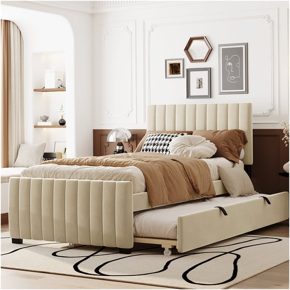 Twin Velvet Upholstered Platform Bed with Trundle, Beige, Space Saving Bed Frame with Storage, No Box Spring Needed